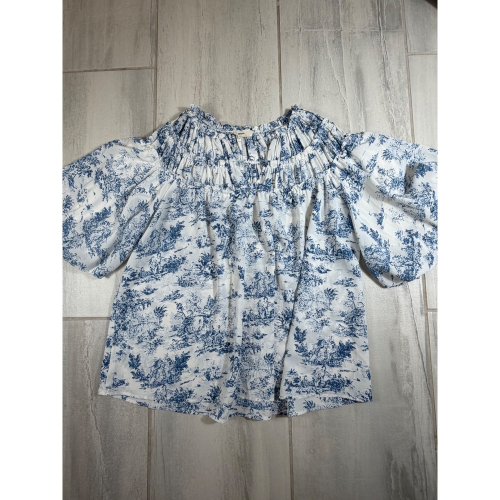 Entro Women Blue White Toile de Jouy Smocked Puff Sleeve Blouse Medium M Scenic